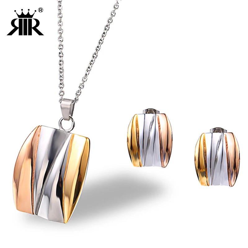 

RIR Fashion Square Jewelry Sets Stainless Steel Wedding Engagement Charm Square Chain Necklace And Stud Earrings For Bride Women