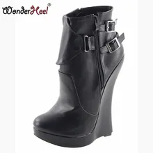 Wonderheel Новинка ботильоны из матовой кожи на танкетке с экстремально высоким каблуком 18 см и платформой 3 см полусапоги пикантные сапожки с пряжками