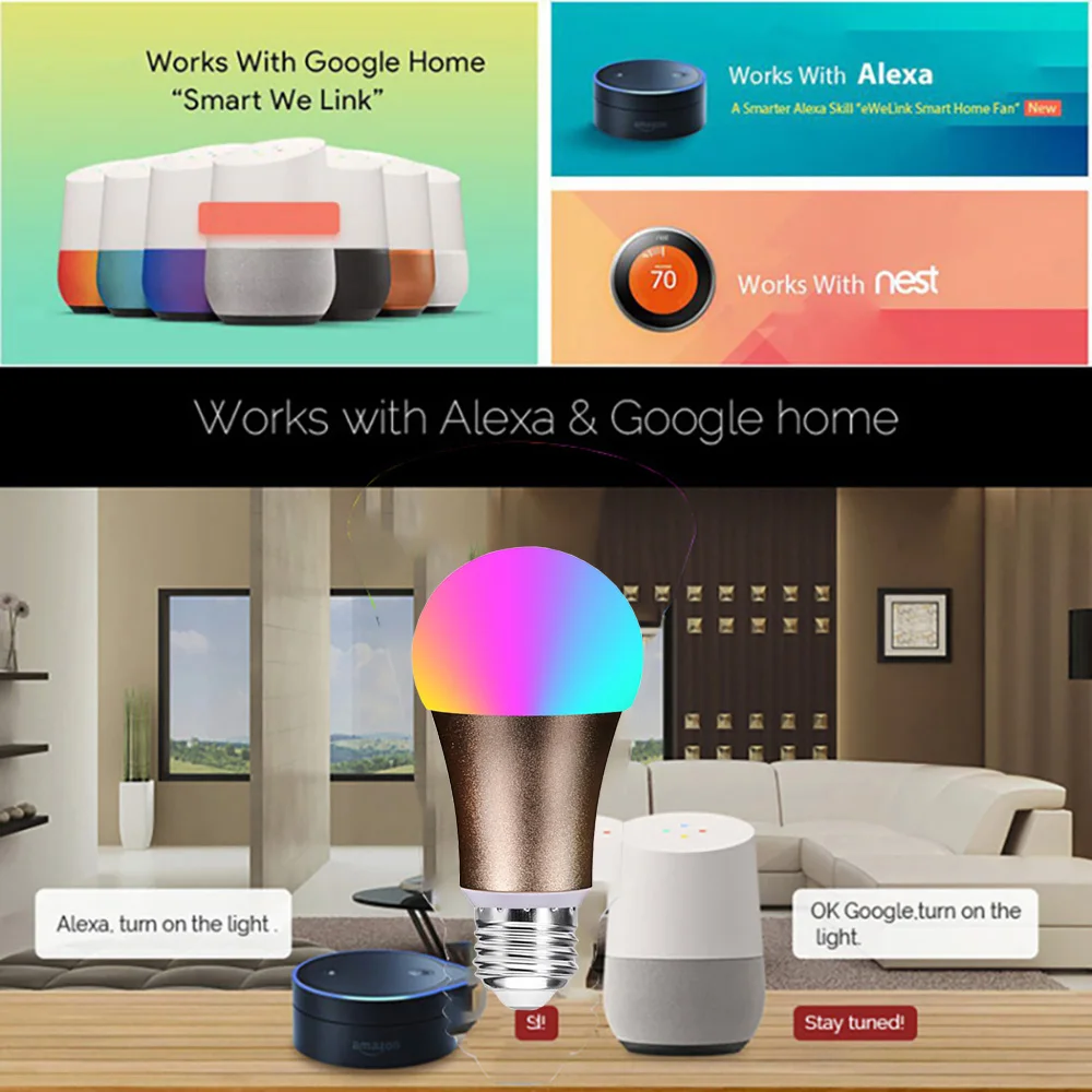 2PCS Smart WiFi LED RGB Light Bulb E27 E26 B22 Dimmable Wireless Lamp Bulb Wake-Up Lights Compatible Alexa/Google Home Assistant