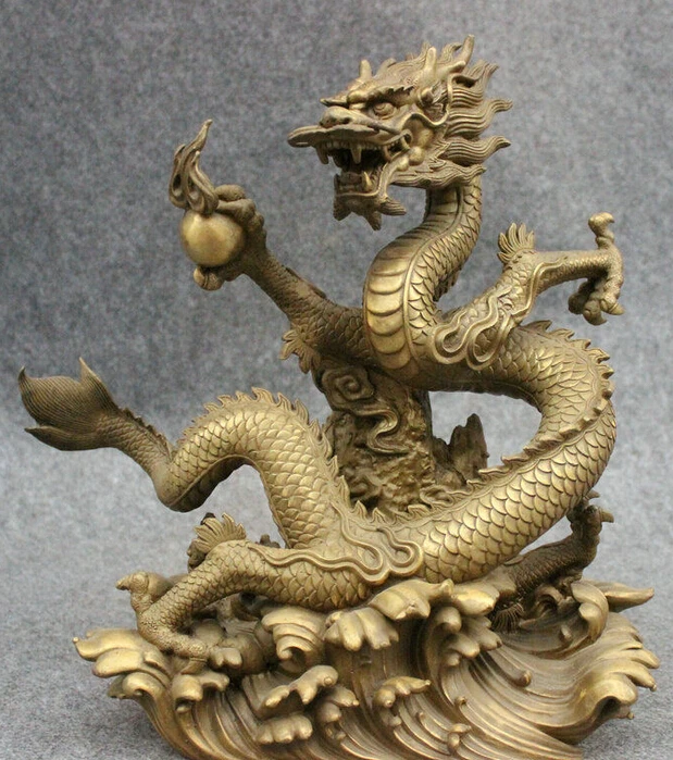 

13" Folk Chinese Pure Brass Decorate Year Zodiac Fly Dragon Play Ball Statue