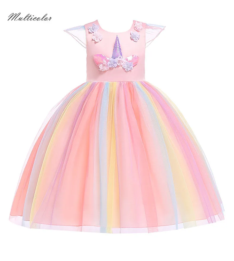 Разноцветные вечерние праздничные платья с аппликацией в виде единорога для маленьких девочек; элегантное детское платье на свадьбу, Хэллоуин, Рождество