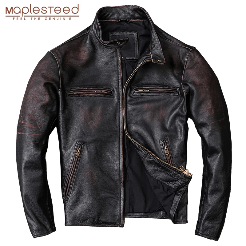 

MAPLESTEED Washed Stone Milled Edging Distressed Men Leather Jacket Vintage Black 100% Natural Calf Skin Coat Men Clothing M210