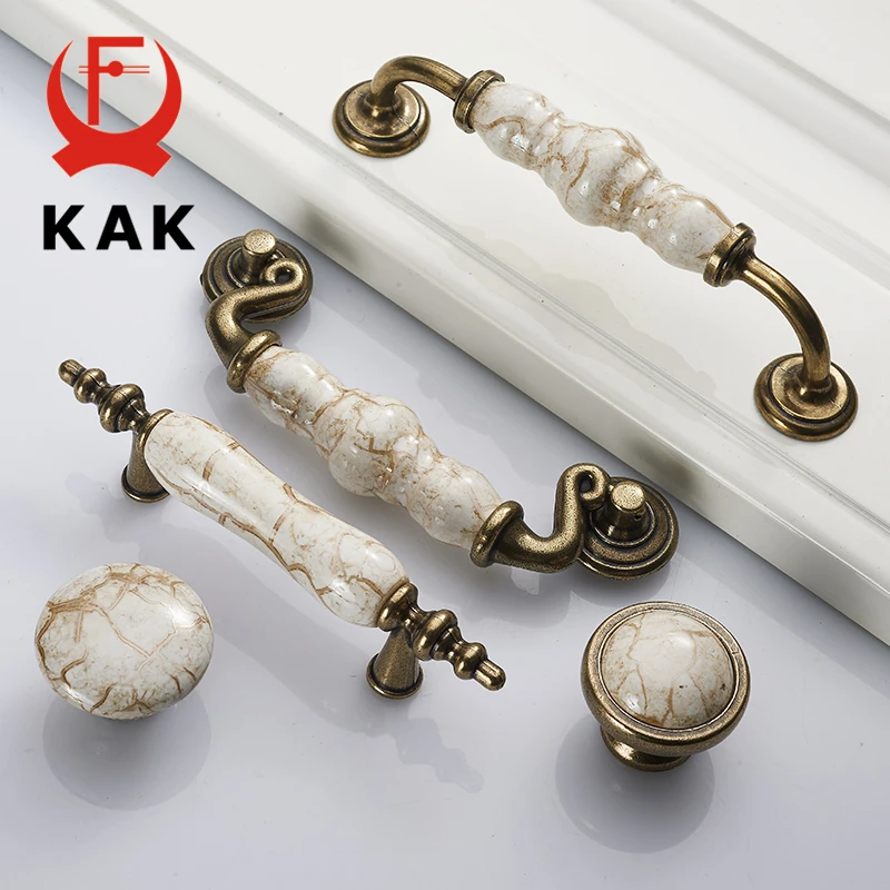 KAK Marble Lines Ceramic Cabinet Handles Zinc Alloy Drawer knobs Wardrobe Door Handles Antique Bronze European Furniture Handle