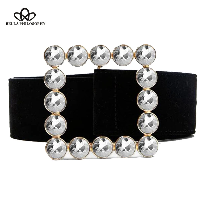 

Bella Philosophy Fashion Lady Diamond Square Buckle Belt Vintage Velvet Wide Belt Party Dress Waistband