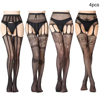 

4pcs Women Pantyhose High Waist Tights Fishnet See-through Stockings XRQ88