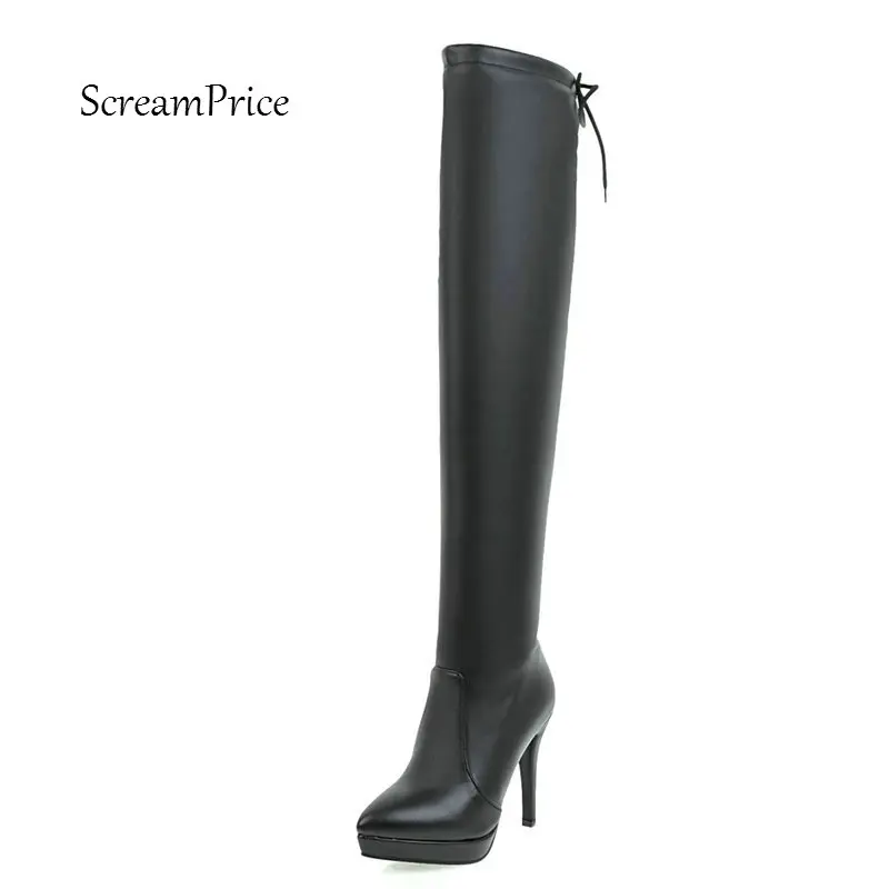 

Women Platform Slip On Sexy Thin High Heel Thigh Boots Fashion Pointed Toe Keep Warm Winter Shoes Black White Brown