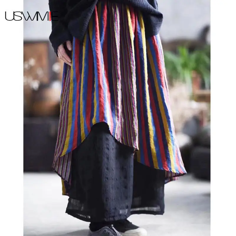 

2019 Women Skirt Fresh Literature Colour Stripe High Waist Color Matching Irregular Plus Size Large Swing Comfort Pleated Skirt
