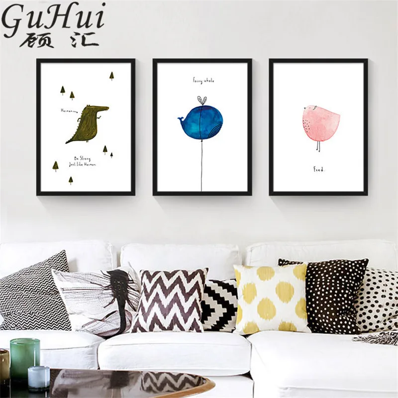 331 49 De Réductionminimaliste Dessin Mural Bleu Petite Baleine Crayon Mignon Animaux Toile Mur Photo Flamant Enfant Chambre Décorative Peinture