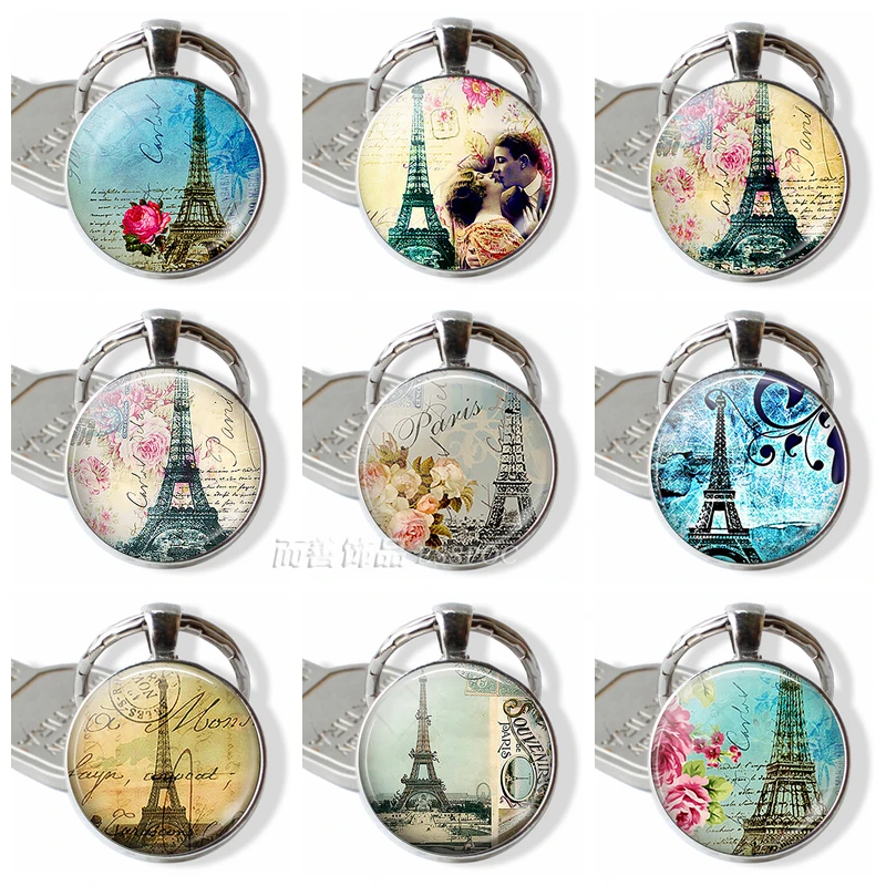 

Literary Paris Eiffel Tower Keychain Glass Dome Cabochon Paris Souvenir Silver Metal Key Chain Ring Pendant for Men Women Gift