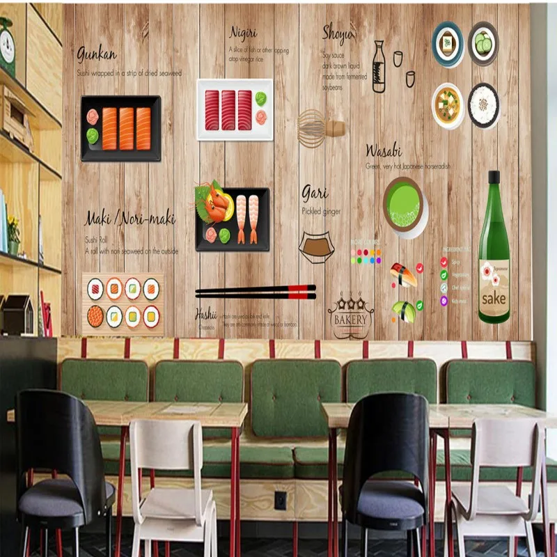 

Custom photo wallpaper Hand painted Japanese cuisine Sushi Wooden Background wallpaper restaurant kitchen custom mural