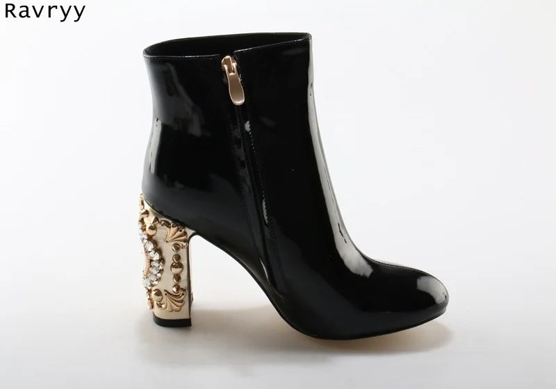 Talón Picture Diseño Bling Picture Rhinestone Charol Mujer Decoración Lujo Oro As Moda as Botas Femenino Bloqueo De Botines Negro Corto 8gHzq7f
