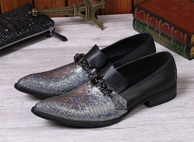 

Black Silver Patchwork spiked Loafers Glitter Mens Slip On Dress Wedding Shoes For Men Chains Mens Leather shoe lasts Flats