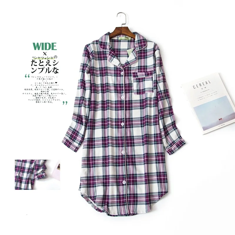 Purple plaid Зимние длинные хлопковые бархатные клетчатые ночные халаты больших размеров, пижамы с героями мультфильмов, женские домашние платья, женские ночные рубашки - Цвет: Purple plaid