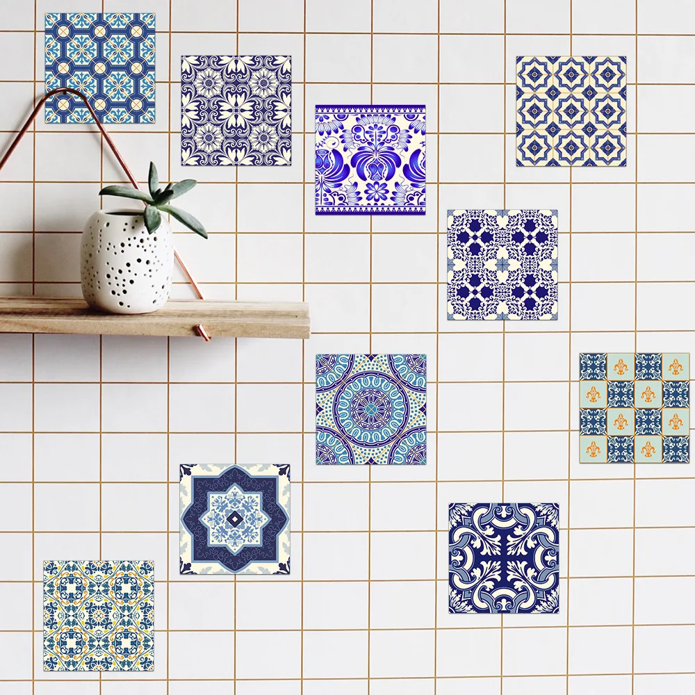 Funlife Blue&White Porcelain Tiles Sticker,Waterproof Bathroom Stickers Self Adhesive Kitchen Wall Stickers Retro Home Decor