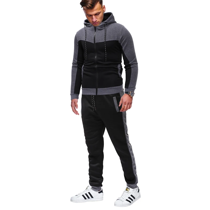 Sports suit men's classic camouflage stitching Men's casual slim hoodies sling zipper  jacket + trousers large size S-XXXL suit