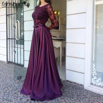 

Purple Muslim Evening Dresses Satin Three Quater Lace Illusion Dubai Saudi Arabic Evening Gown Prom Dress