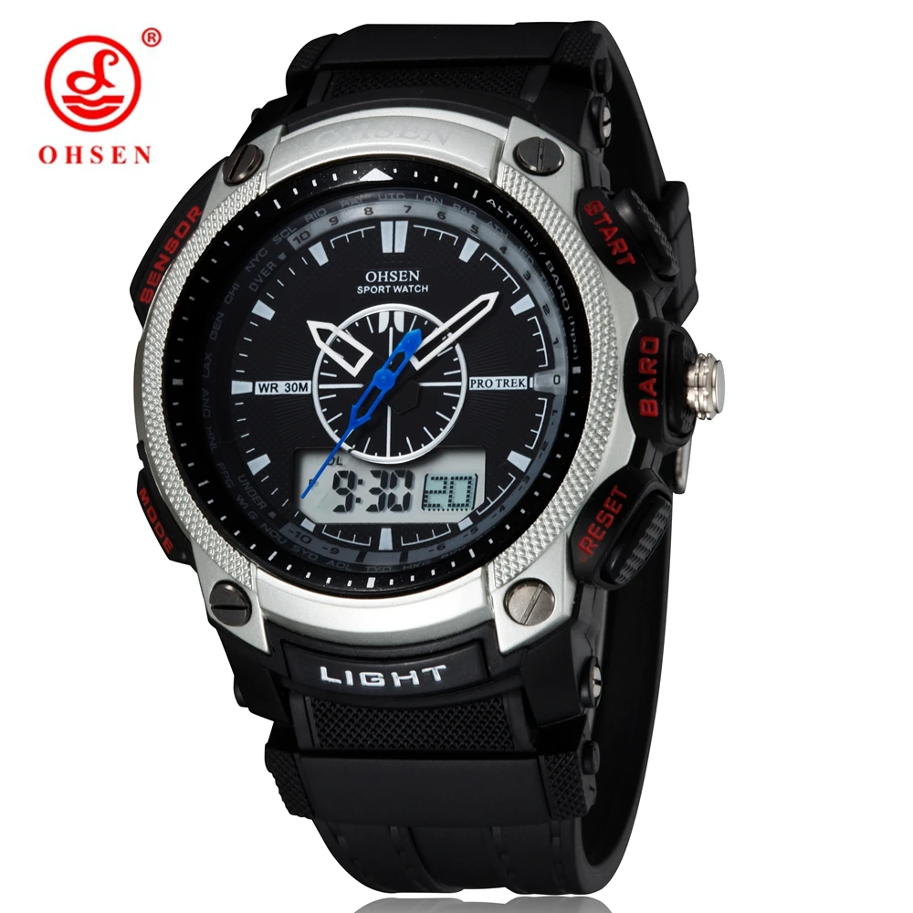 

OHSEN Digital Quartz Mens Fashion Wristwatches Male Rubber Band Silver LCD Waterproof Sport Cool Gift watches relogio masculino