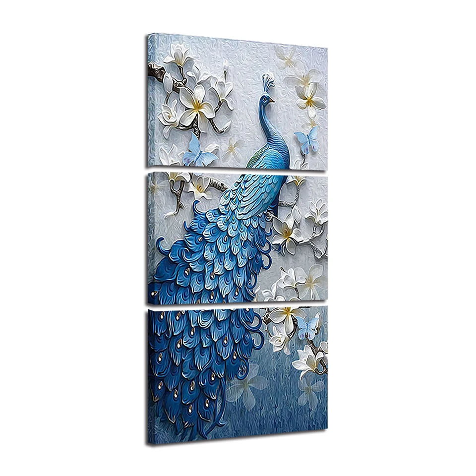 Картины на холсте домашний декор HD печатает 3 шт. синий павлин картины цветок белой орхидеи плакат гостиной стены искусства рамки