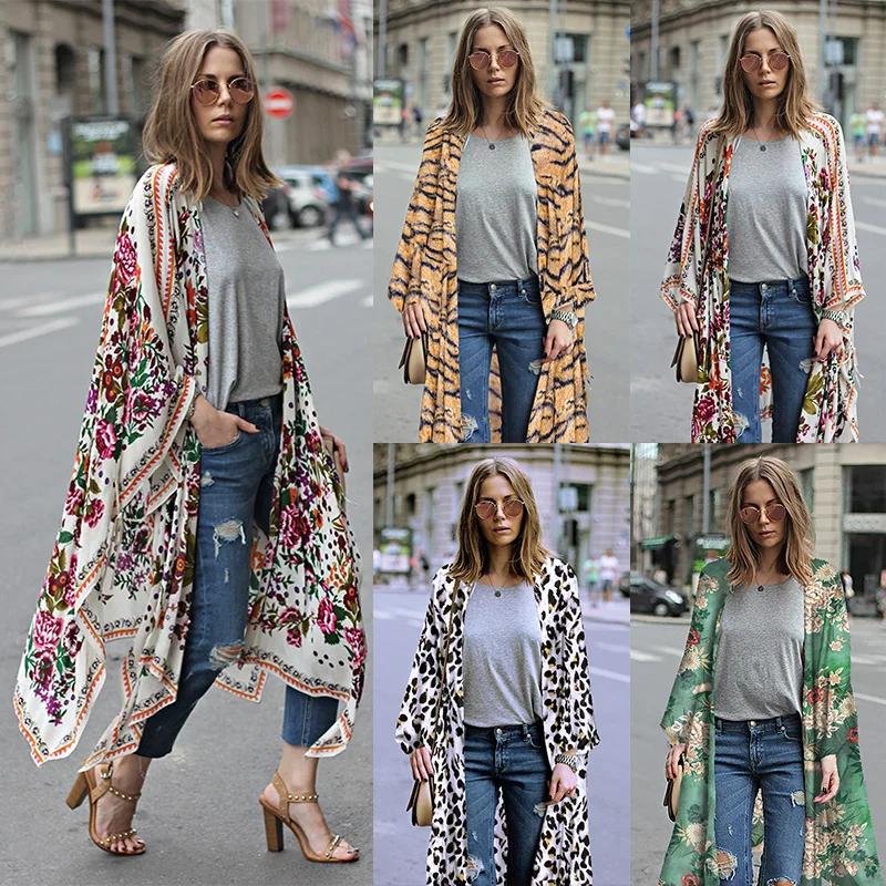 

2019 Summer Long Kimono Plus Size 3XL 5XL Cover Ups Women Chiffon Kimono Cardigan Floral Leopard Print Asymmetric Boho Outerwear