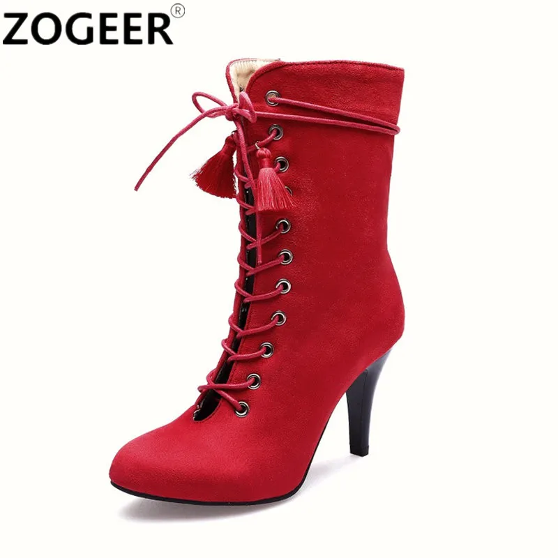 

New Women Boots High Heels Ankle Boots For Woman Round Toe Black Martin Boots Lace-up Ladies Shoes Red Pink plus Size 45 48
