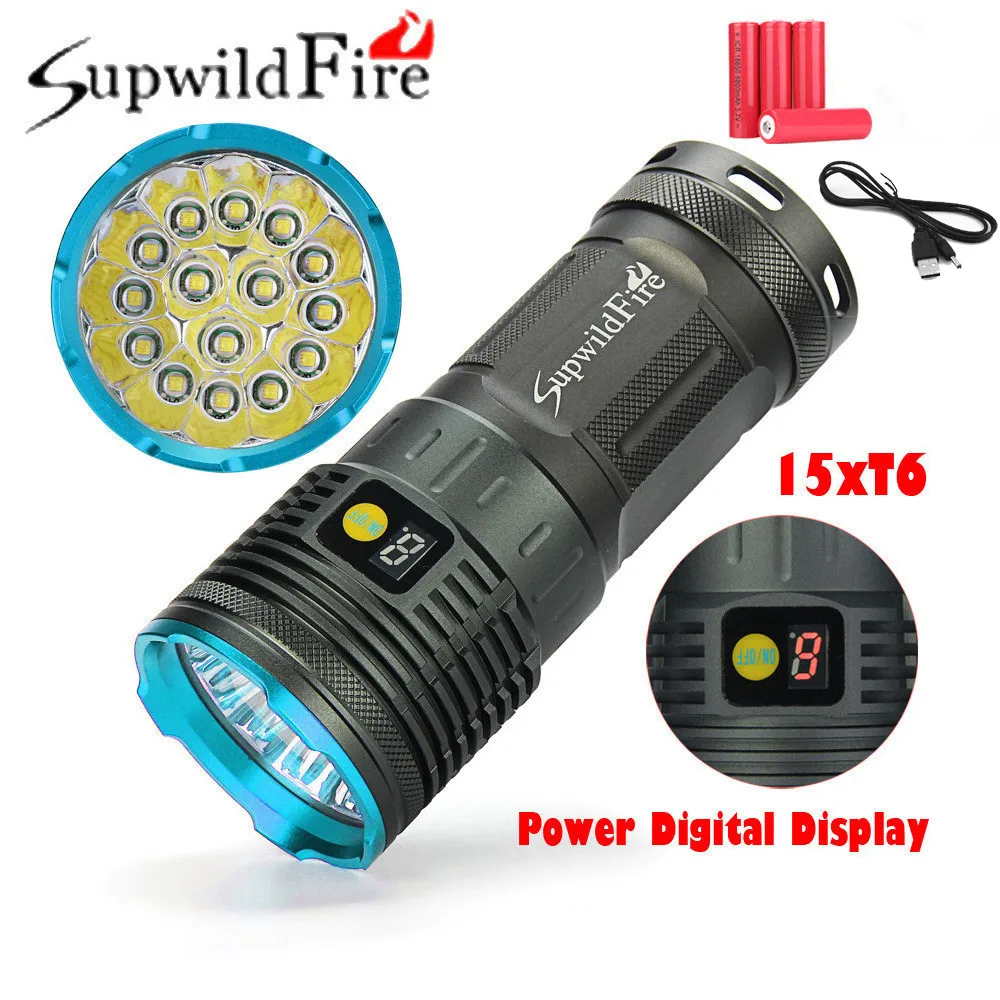 

Supwildfire 50000LM 15 x XM-L T6 LED Power Digital Display Hunting Flashligt powerful led flashlight by 18650 battery #3o8