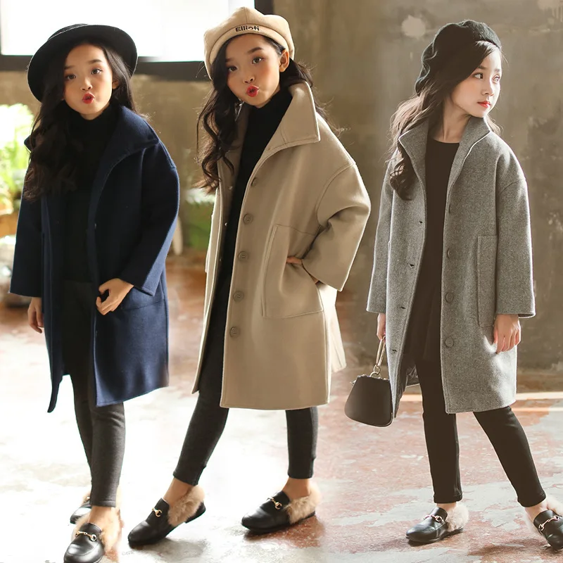 

Girls coat 2018 new style autumn and winter girls fashion solid color long windbreaker children woolen coat coat