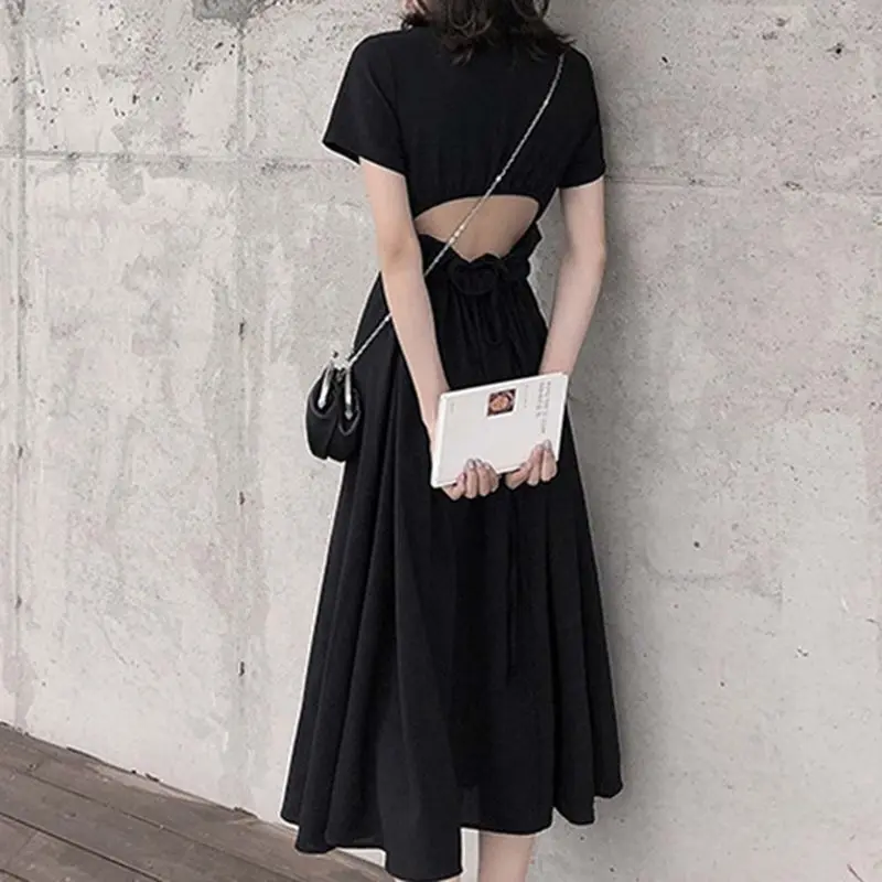 

Summer Elegant Sexy Gothic Travel Beach Women Midi Dresses Chic Hollow Lace Up Solid Black 2019 Korean Female Backless Hot Dress