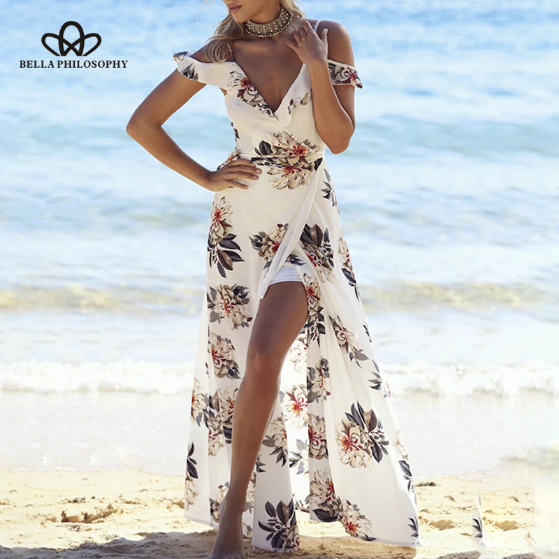 

Bella Philosophy 2019 Floral print ruffles chiffon long dress strap v neck split beach Sexy backless maxi dresses vestidos