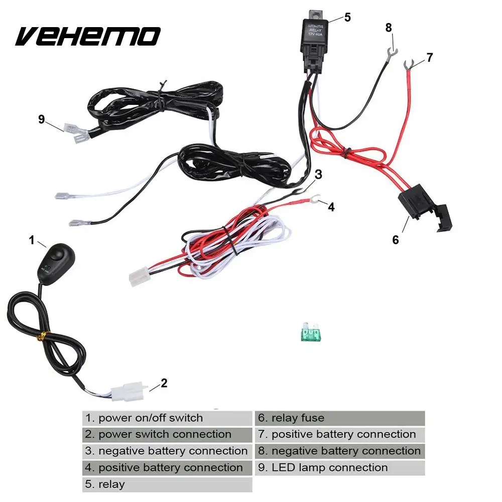 Vehemo подключение 2 светодиодный 12 В 40A Жгут проводов комплект линии набор противотуманный светильник головной светильник провода предохранитель РЕЛЕ Светодиодный светильник для вождения
