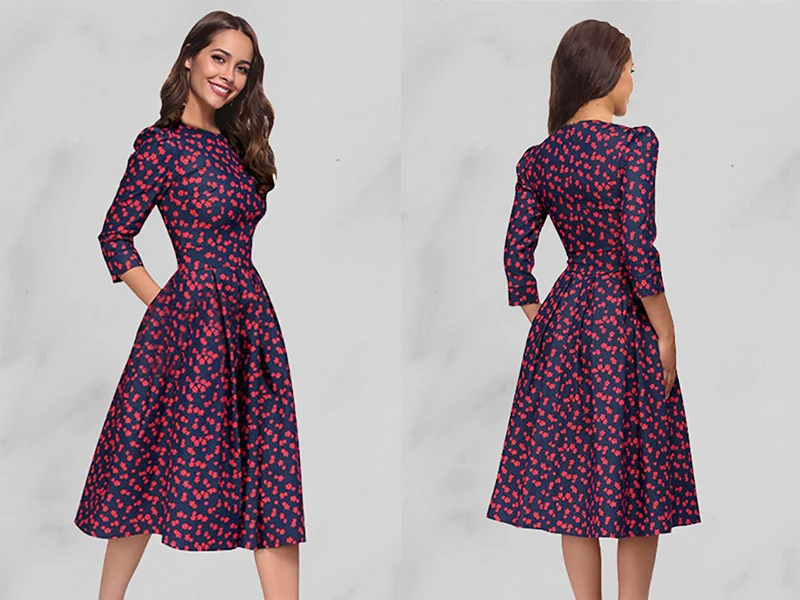BONGOR LUSS  2018 Vintage O Neck Printing Party Dress Women Elegent A-line Dress Three Quarter Sleeve Autumn Dress (No Pockets) (21)