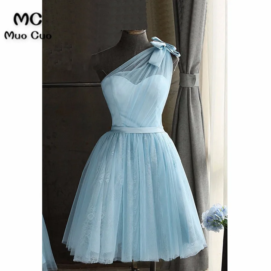 Baby blue tulle one shoulder short prom dress, bowknot party dress