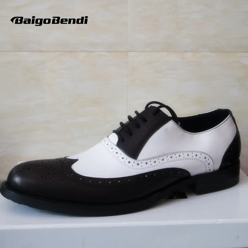 Clearance Sale !! US 8 Men Retro Genuine Leather Black and White Fretwork Pointed Toe Oxfords Wing Tip Brogue Shoes Eur Size 41