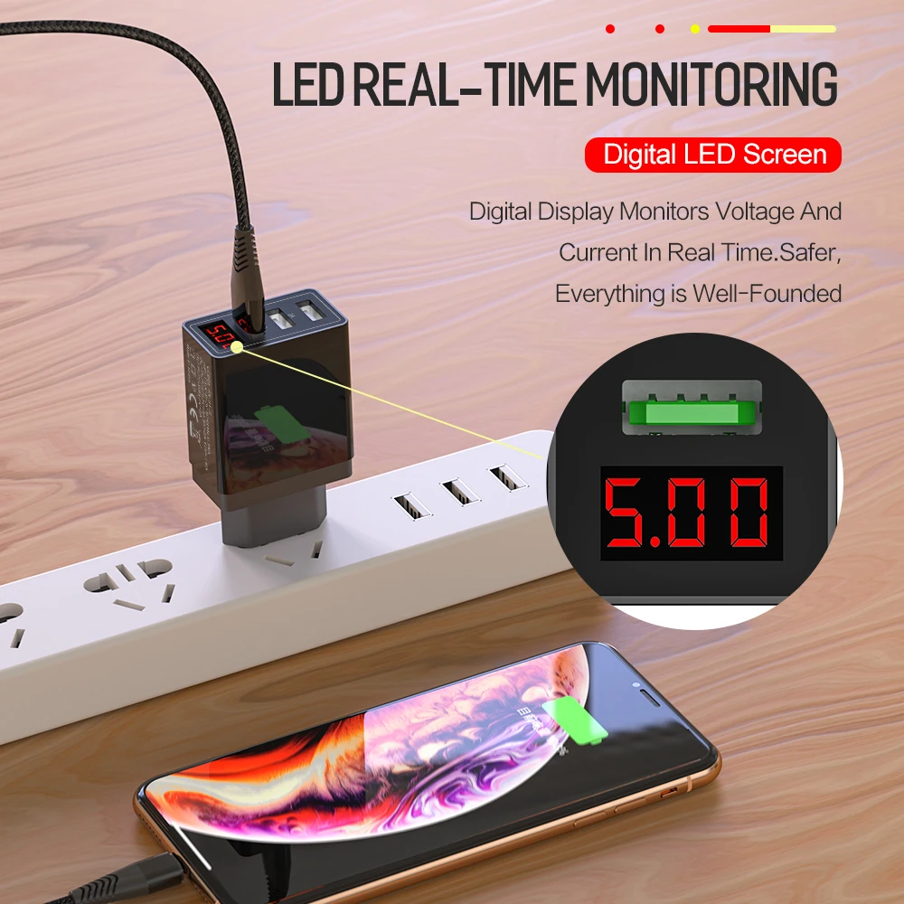 ROCK Quick Charge 3.0 Phone Charger USB 45W QC3.0 Led Light Display QC Turbo Fast Charging For iPhone Xiaomi mi 9 Huawei P30 Pro