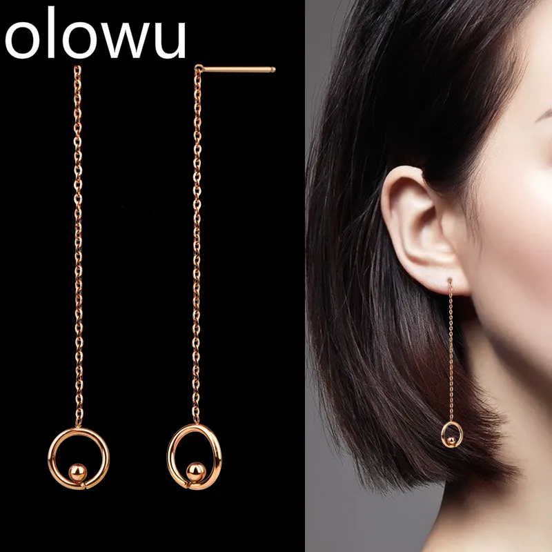 

olowu Brand Fashion Circle Earrings For Women Punk Round Long Chain Dangle Earrings Stainless Steel Tassel Drop Earrings Jewelry