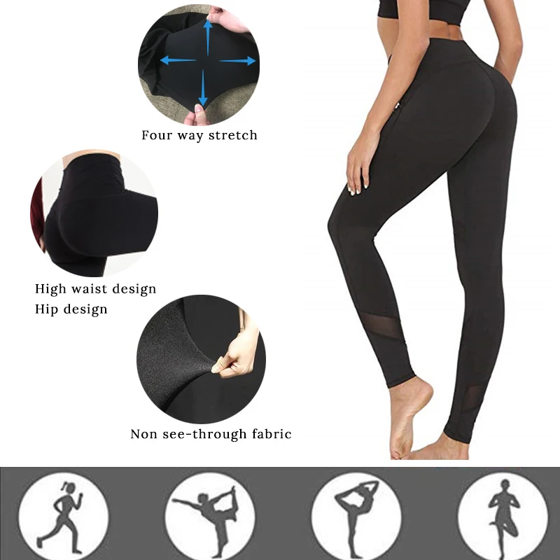 Women's Stretchy Mesh Patchwork Black Leggings, High Waist, Fitness, Sports, Yoga Pants, Sexy, Casual, Hip Lift, Gym, Push Up, W