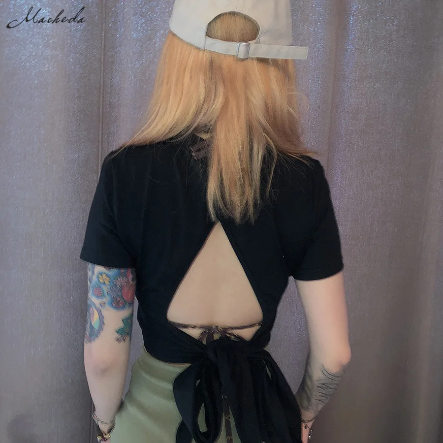Macheda Новинка женский укороченный летний топ однотонная футболка с коротким рукавом с открытой спиной с бантиком спереди с коротким воротником