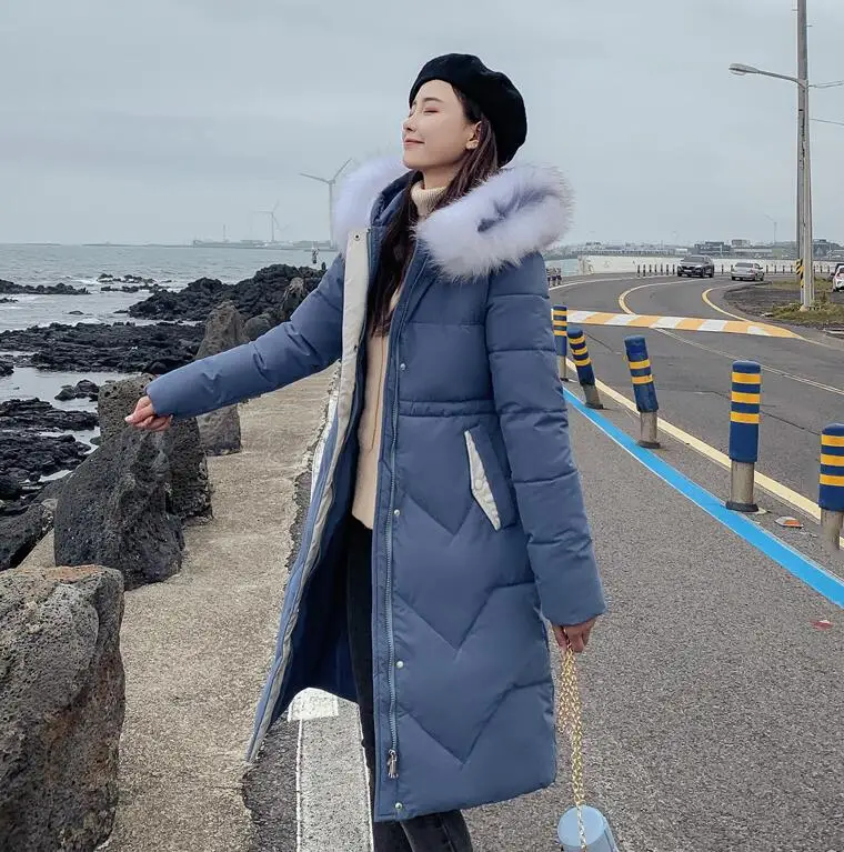 Новинка, корейское супер длинное пальто, женское тонкое теплое хлопковое пальто с рукавами-крылышками, модное женское пуховое пальто, женская цветная парка с воротником - Цвет: Синий