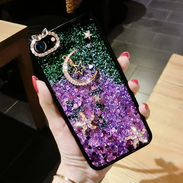 С изображением луны и звезд, горный хрусталь для телефона с принтом зыбучих песков чехол сo шнуром для iPhone 5 5S 6 6s 6 p 6s p 7 8 7 p 8 X XR XS MAX Для женщин блеск Popula - Цвет: Purple Quicksand