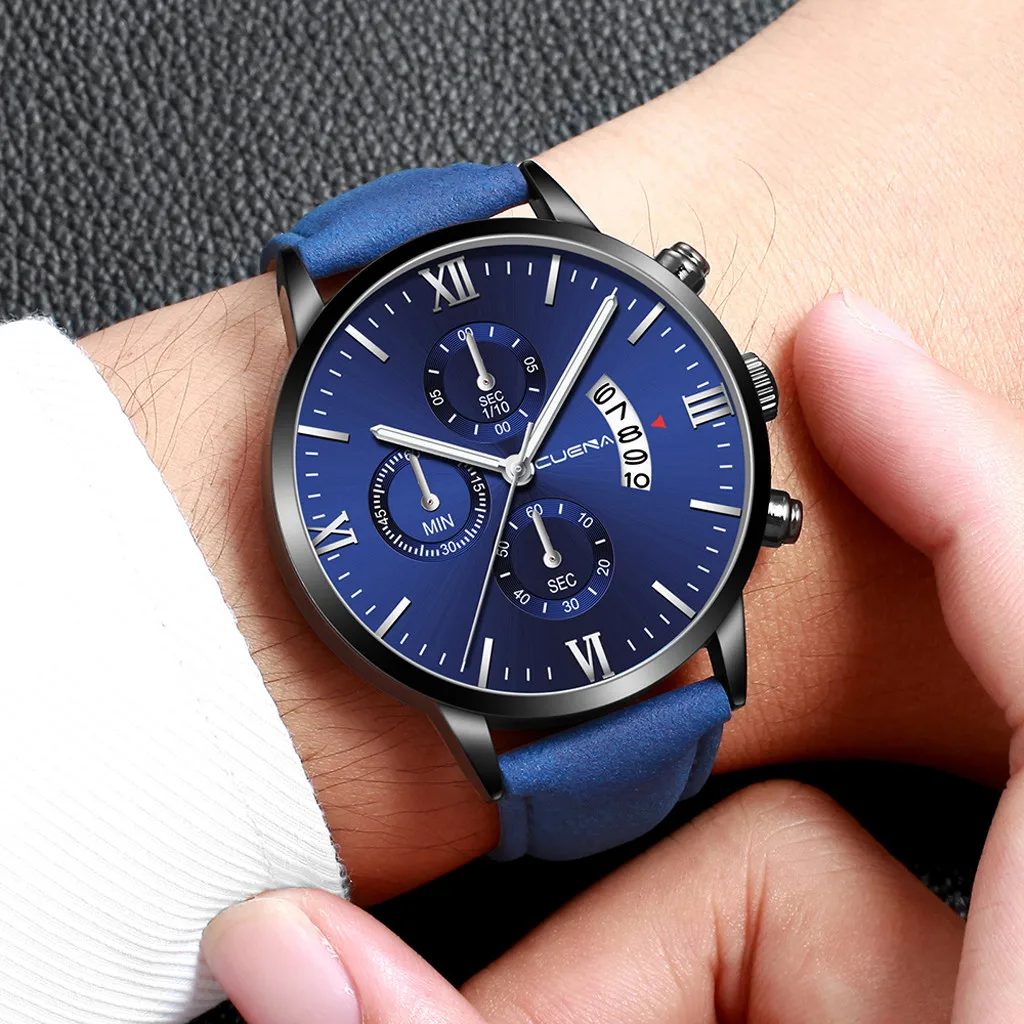 CUENA Brand Men's Wrist Watch Sport Stainless Steel Case Leather Band Quartz Analog watch man watches mens relogio masculino