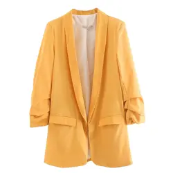 Женский офисный стильный однотонный Блейзер длинный рукав карманы украшения верхняя одежда пальто женский элегантный желтый топ FFZWT26