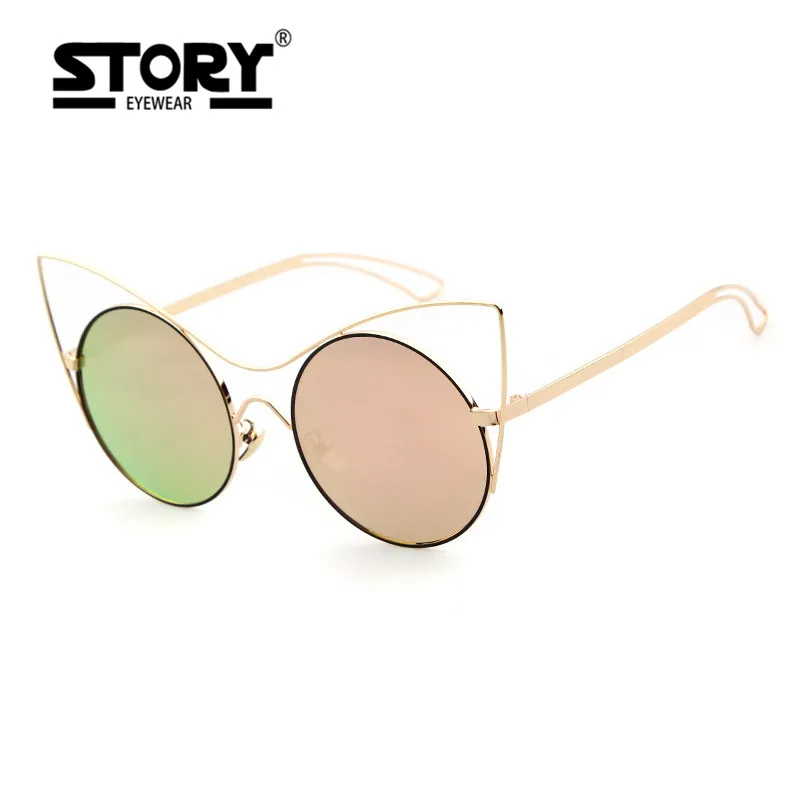 STORY Metal Cat ear Sunglasses Women Vintage Summer Style Round Metal