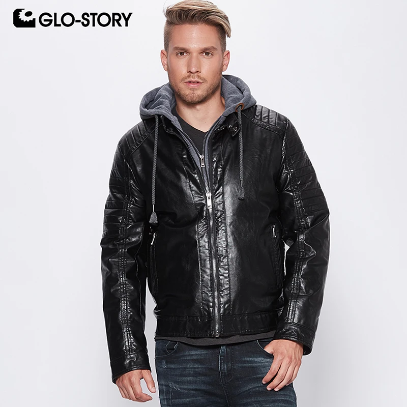 

GLO-STORY Men's Leather Jackets With Hooded Motorcycle Streetwear Faux Leather Jacket Men Macaw MPY-6511