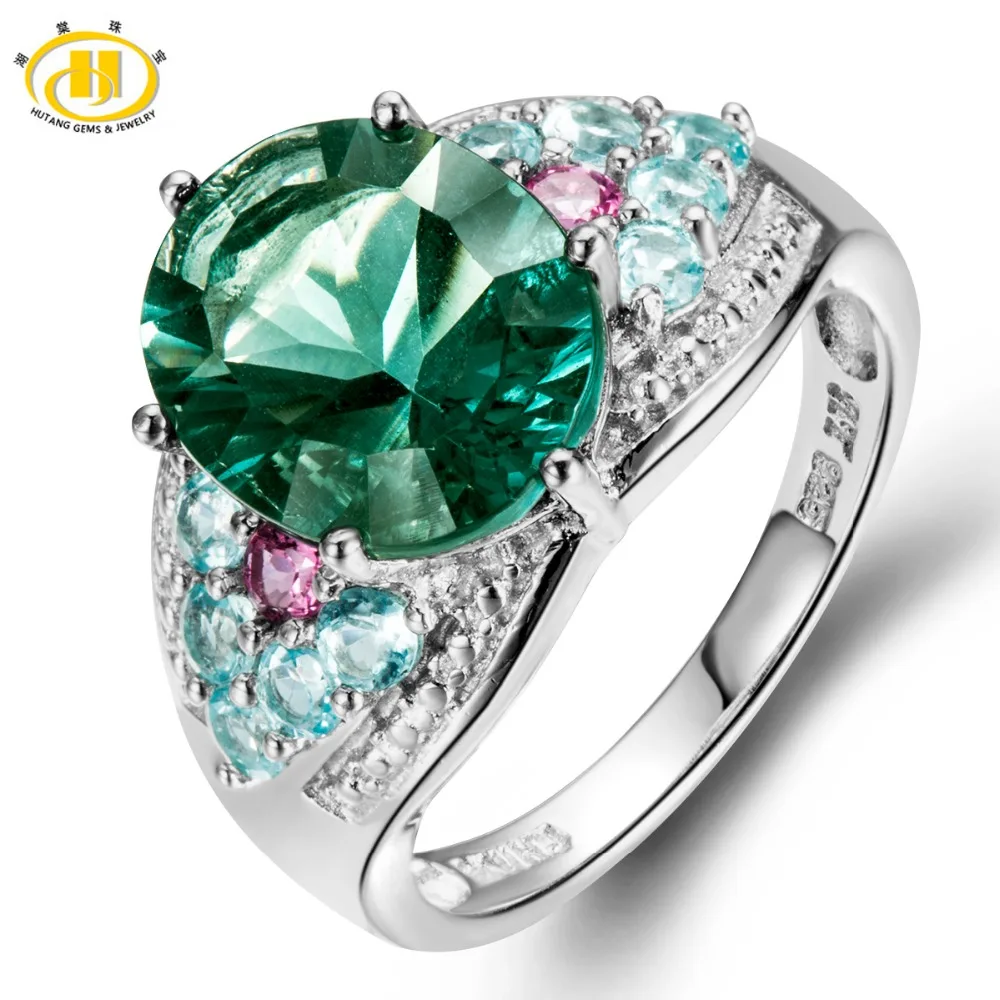

Hutang 6.16Ct Genuine Green Fluorite, Apatite, Tourmaline 925 Sterling Silver Cocktail Ring Women Fine Jewellry