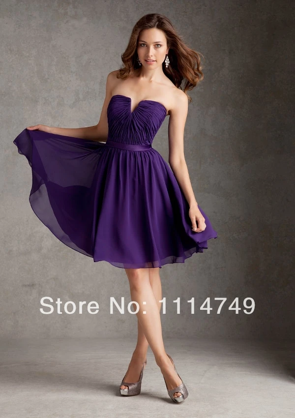 Knee Length Fashion 2014 Off the Shoulder Royal Purple V Neck Bridesmaid Dress with Sashes Chiffon A Line Free Shipping LB138 | Свадьбы и
