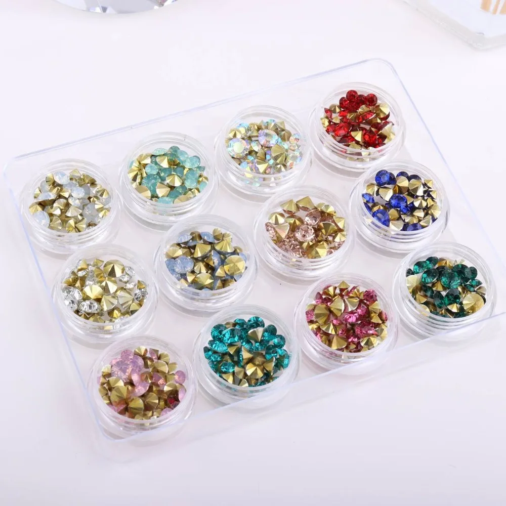 

12 Boxes in 1 AB Color Opal Nail Rhinestone Set Sharp Bottom Multi-size Crystal Manicure for 3D Nail Art Decoration Rhinestone