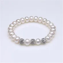 2016 Pulsera Del Encanto de la Joyería de La Perla Pulsera de la Bola Cristalina 100% Natural de Agua Dulce Brazalete de Perlas Para Las Mujeres para las niñas mejores regalos