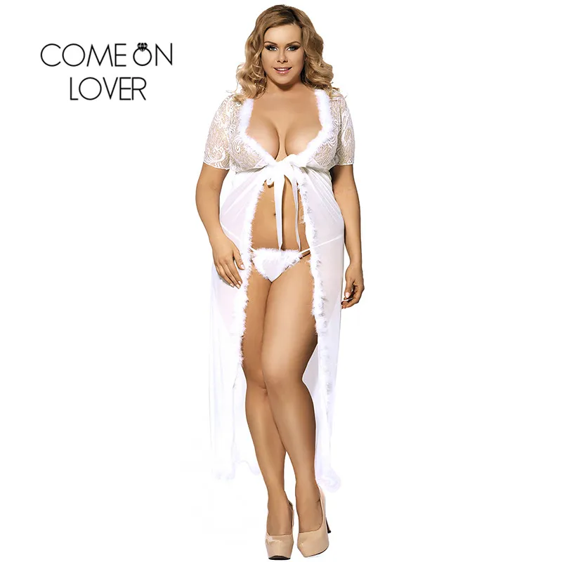 

Comeonlover Transparent Babydoll Robe Short Sleeves Maxi Sexy Negligee Plus Size Feather Decorated Lace Robes Lingerie RL80068