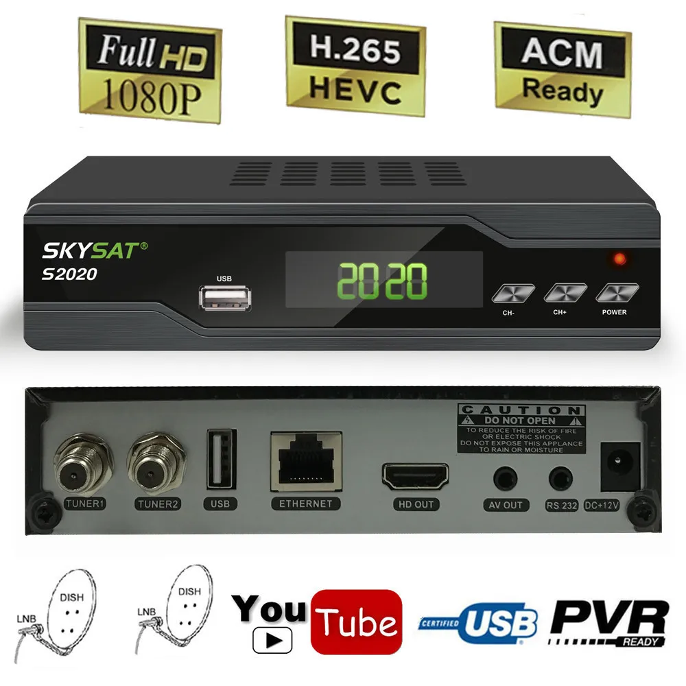 Skysat S2020 Dual Twin Dish Tuner H.265 AVC Digital Satellite Receiver ACM Support IKS SKS ACM/VCM/CCM IPTV VOD with LAN Wifi