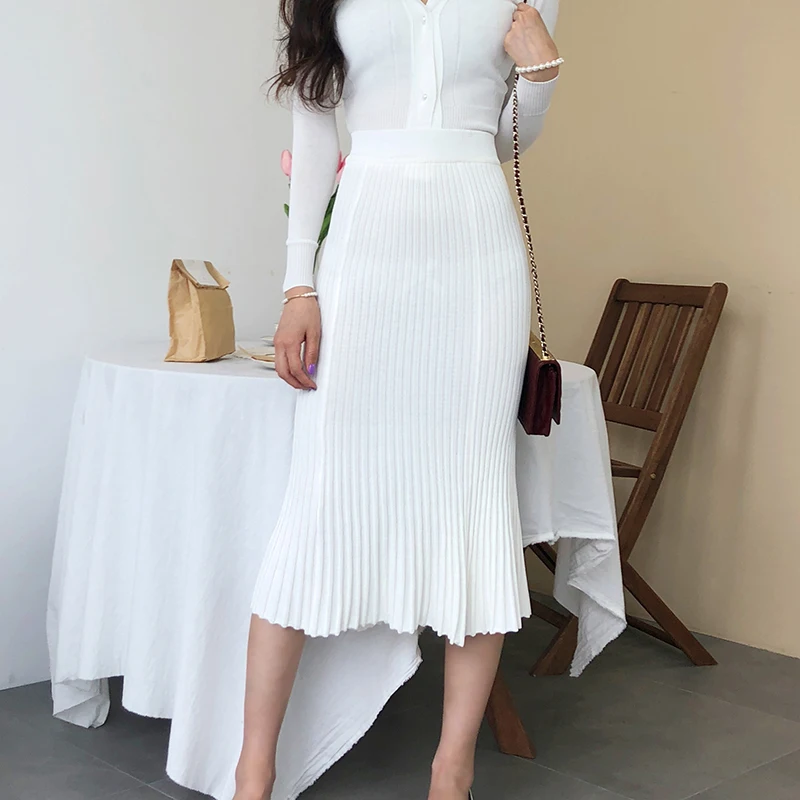 

2019 Top Fashion Polyester Full V-neck New Skirt Suit High Waist Bag Hip Split + Sweater Two-piece Woman 2piece Set Women