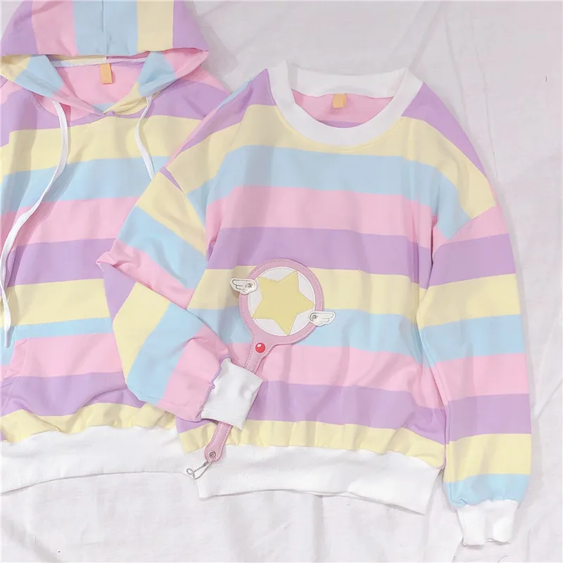  Harajuku Rainbow Stripe Hoodies Women Sweatshirt Korean Style Matching Outfits Loose Pullover for S